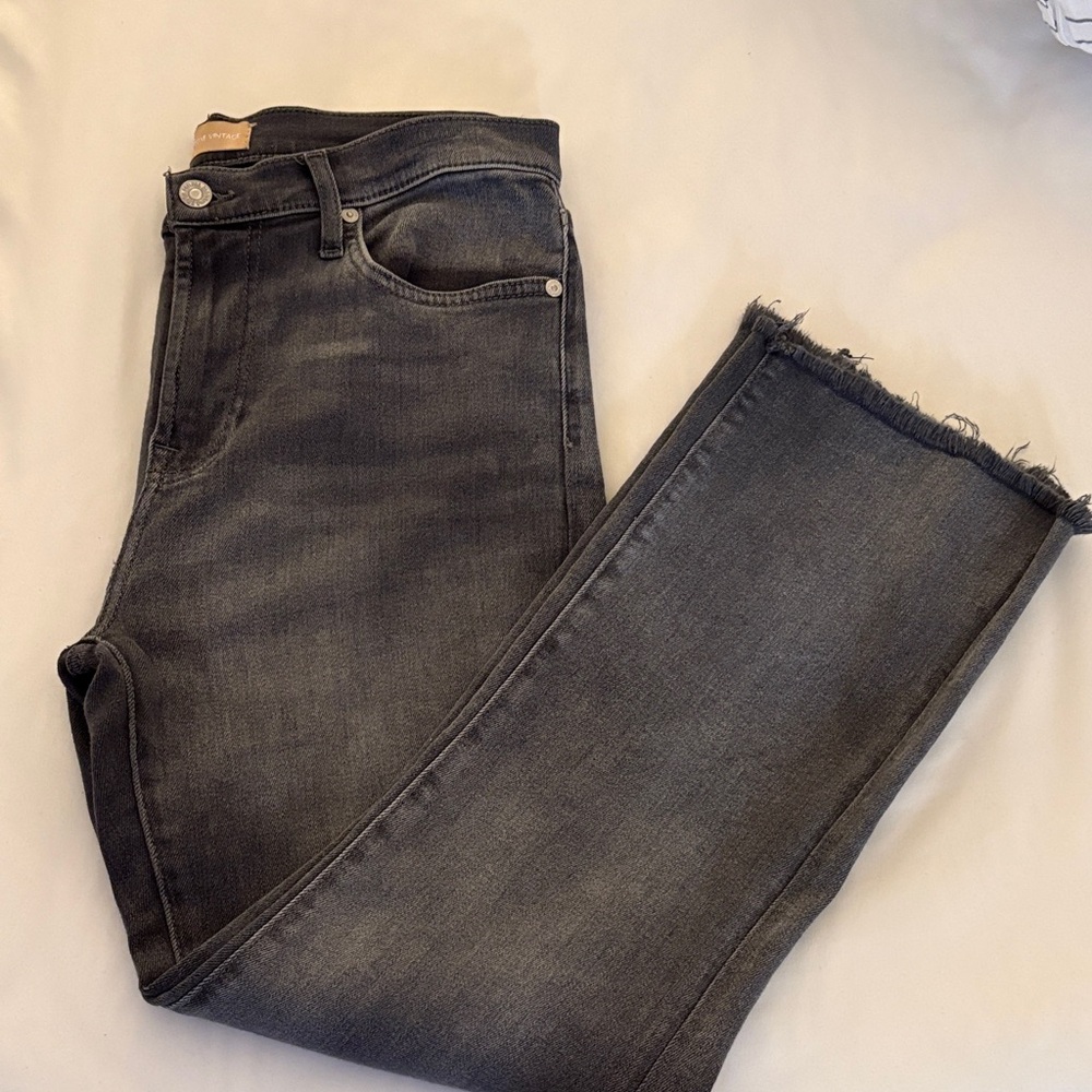 7 For All Mankind Raw Hem Cropped Straight Jeans - Charcoal Gray
